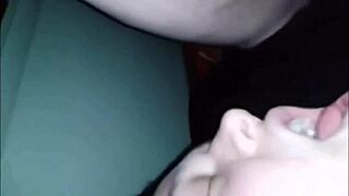 chubby homemade slut drops to knees for two dudes' thick cocks in her mouth