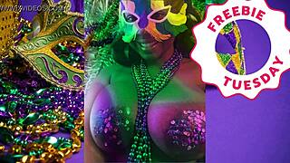 Jessica Grabbit flashes ebony big tits at Mardi Gras with rabbit toy.