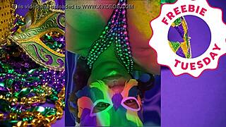 Jessica Grabbit flashes ebony big tits at Mardi Gras with rabbit toy.