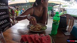 after market stroll and breakfast asian couple sneaks in quickie fuck