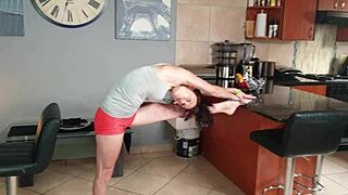 desperate skinny milf soaks tight yoga pants with messy piss during intense stretching exercises