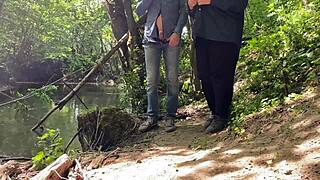 my mature mother-in-law's amazing handjob on my huge cock outdoors