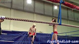 Euro Lesbians Wrestle in Panties Before Hot Oral Action Backstage