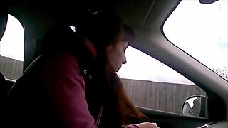 young slut strips in car for huge cum mouthful blowjob