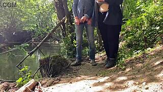 my mature mother-in-law's amazing handjob on my huge cock outdoors