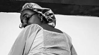 black boss watches skinny hairy pussy panty tease in bedroom solo