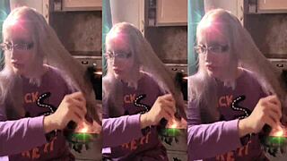 Blonde with glasses brushes her long hair sensually with lollipop in asmr whispers