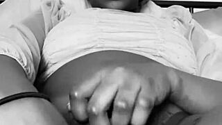 black boss watches skinny hairy pussy panty tease in bedroom solo
