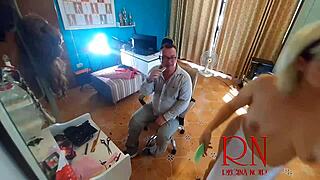 Dude, nudist barbershop lady in apron surprises client by stripping nude on security cam part three
