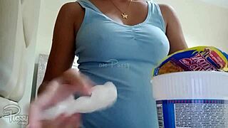 asian teen eats instant noodles topless showing off her homemade nude boobs