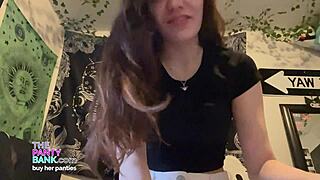 tiny latina teen rubs plump pussy lips moaning like a slut at panty bank