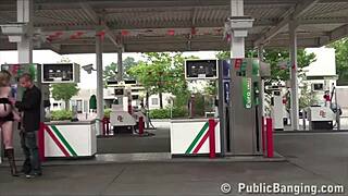Very Pregnant Blonde Takes Public Threesome Pounding at Gas Station