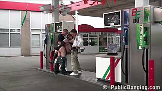 Very Pregnant Blonde Takes Public Threesome Pounding at Gas Station