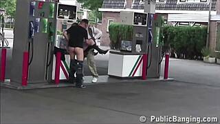 Very Pregnant Blonde Takes Public Threesome Pounding at Gas Station