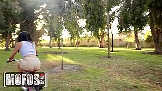 Naughty cami strella rubs pussy and spreads legs for charles dera outdoors