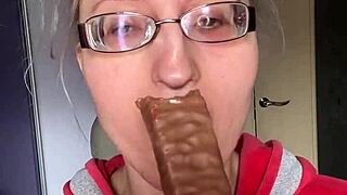 Tall giantess with huge lips long nails big eyeglasses smears snickers protein bar fetish food play at bar