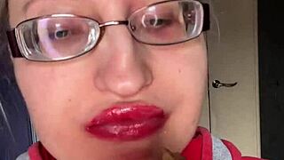 Tall giantess with huge lips long nails big eyeglasses smears snickers protein bar fetish food play at bar