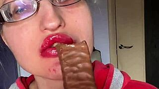 Tall giantess with huge lips long nails big eyeglasses smears snickers protein bar fetish food play at bar