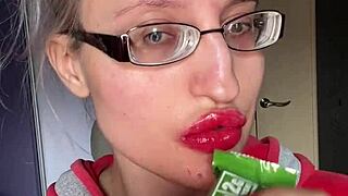 Tall giantess with huge lips long nails big eyeglasses smears snickers protein bar fetish food play at bar