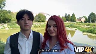Vip4k. Redhead shows lingerie then fucks publicly as boyfriend watches