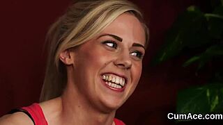 this hottie kneels for bukkake blowbang swallowing jizz from every cock