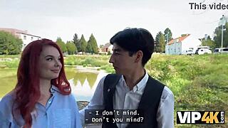 Vip4k. Redhead shows lingerie then fucks publicly as boyfriend watches