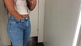 Skinny brazilian teen fingers swollen pussy clit in shopping dressing room