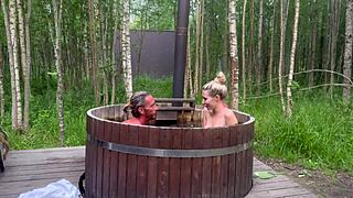 what if cute blonde blows monster cock in outdoor hot bath tub?