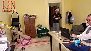 Curvy milf regina noir does yoga in office exposing wet tight pussy and big tits