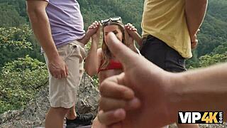 Wife with Long Hair Takes Huge Cocks from Two Guys While Husband Watches in Forest