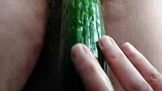 this old granny stuffs cucumber right into her hairy beaver