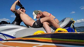 Skinny athletic girlfriend bends over jet ski for muscular boyfriend's big cock doggystyle ride