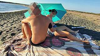 Teacher slurps student's huge cock deepthroat on crowded nudist beach risky public cumshot