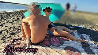 Teacher slurps student's huge cock deepthroat on crowded nudist beach risky public cumshot