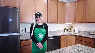 that busty starbucks barista couldn't resist bbc during shift, squirted everywhere then gulped cum