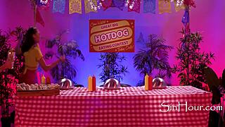 i'm dkye gettin my strapon all wet at this hotdog contest