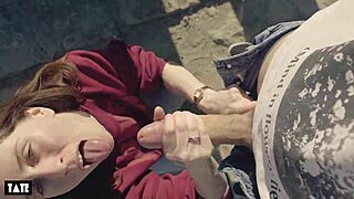 amateur skinny tattooed whore deepthroats stranger cock outdoors