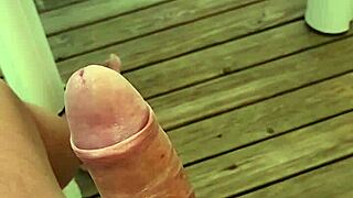 Super excited handjob flash on campsite terrace nearly cumming in public