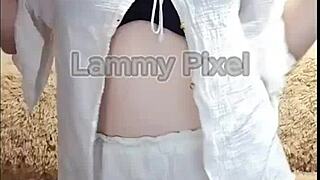 Damn, horny brunette Lammy Pixel strips lingerie and flaunts huge ass!