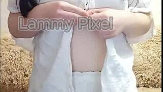 Damn, horny brunette Lammy Pixel strips lingerie and flaunts huge ass!