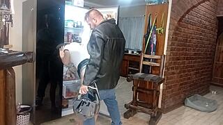 biker pounds my pussy hard against kitchen fridge homemade