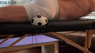 Skinny neighbor STRETCHES groin in TIGHT SPANDEX shorts with soccer ball on stool