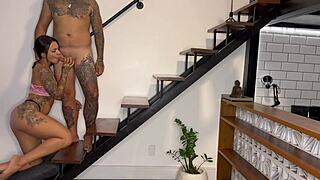 Neighbor's wife loves my creampie then I fuck her hard on the stairs