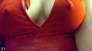 Blonde Bombshell Fucks in Red Lingerie Showing Off Massive Tits