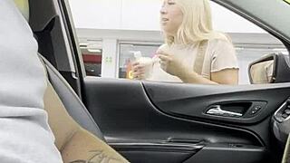 random curvy blonde climbs in my car for blowjob cumshot facial swallow