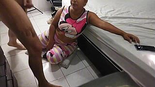 young latina slut bends over for mature's cum in mouth doggystyle pounding
