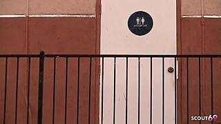 nympho blonde teen chokes on bbc gloryhole in public toilet cheating slop 😩🍆💦