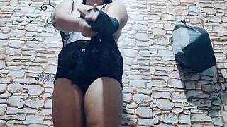 Chubby Asian Teases Dildo Between Pussy Lips and Bare Feet in Lingerie