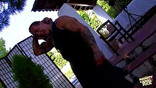 brunette strips outdoors then gets ass licked and asshole fucked hard