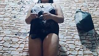 Chubby Asian Teases Dildo Between Pussy Lips and Bare Feet in Lingerie